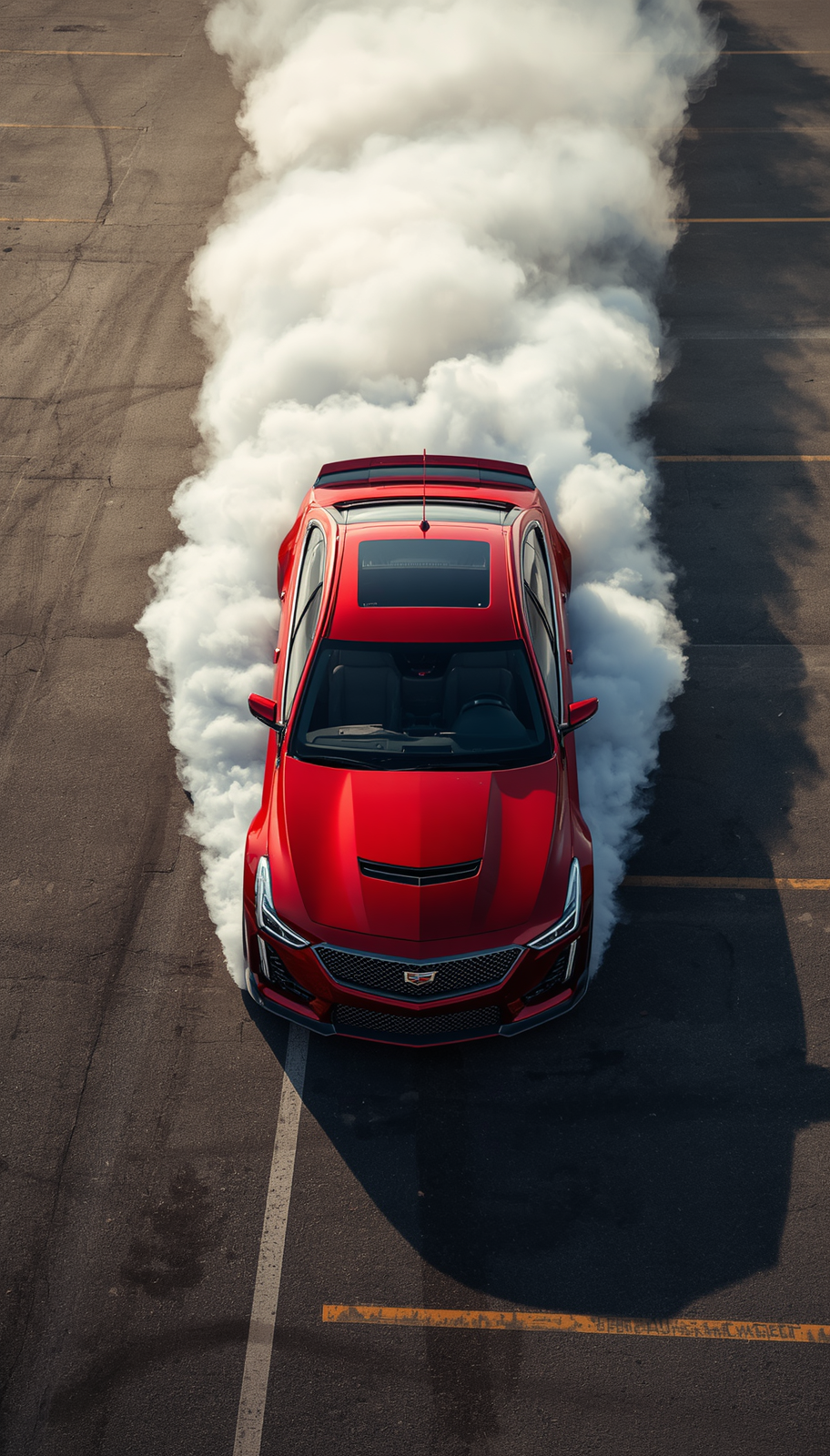 Red Cadillac CT4-V doing a burnout, top view, parking lot, tire smoke